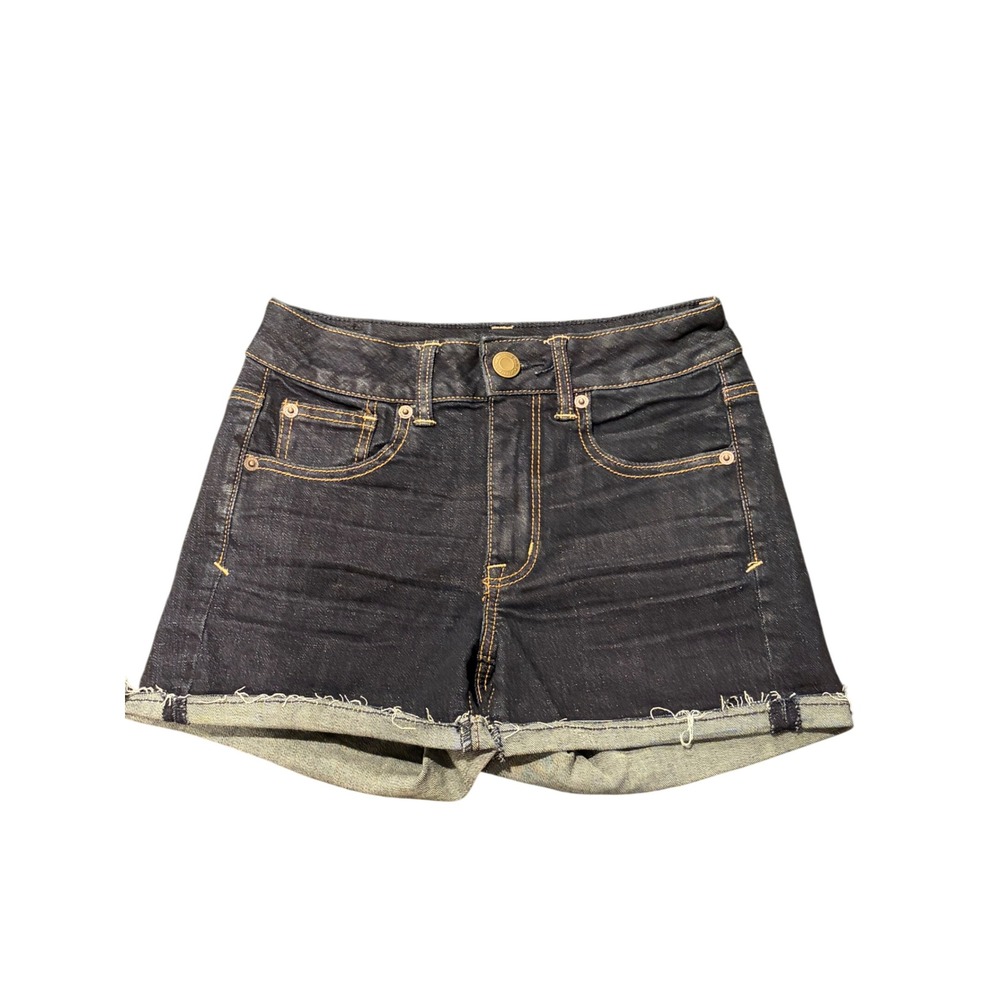 American Eagle Super Stretch Dark Wash Raw Hem Denim Jean Shorts Womens 2